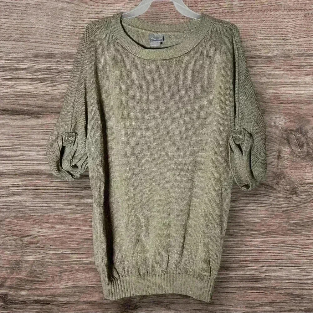 Chico’s Textured Knit Pullover Sz 0 Coastal‎ Grandmother Minimalist Roll Tab Top